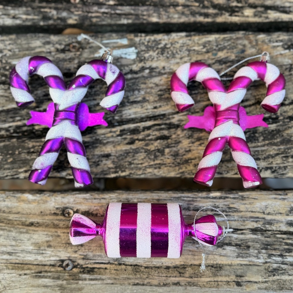 Set of 3 Purple Striped Candy Canes & Wrapped Candy Holiday Christmas Ornaments